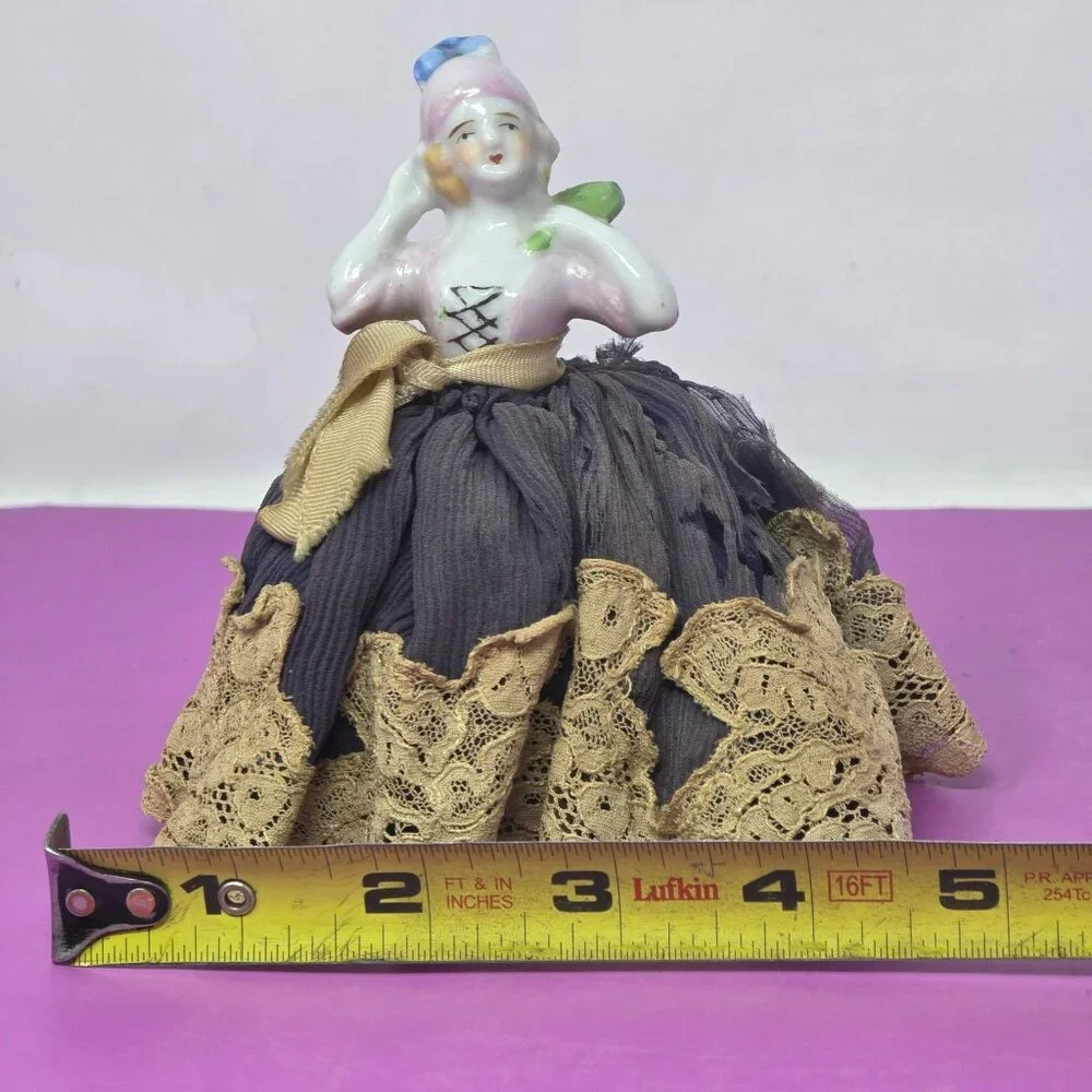 Vintage Porcelain Half Doll Pincushion With Lace‎ Skirt And Fabric Details
